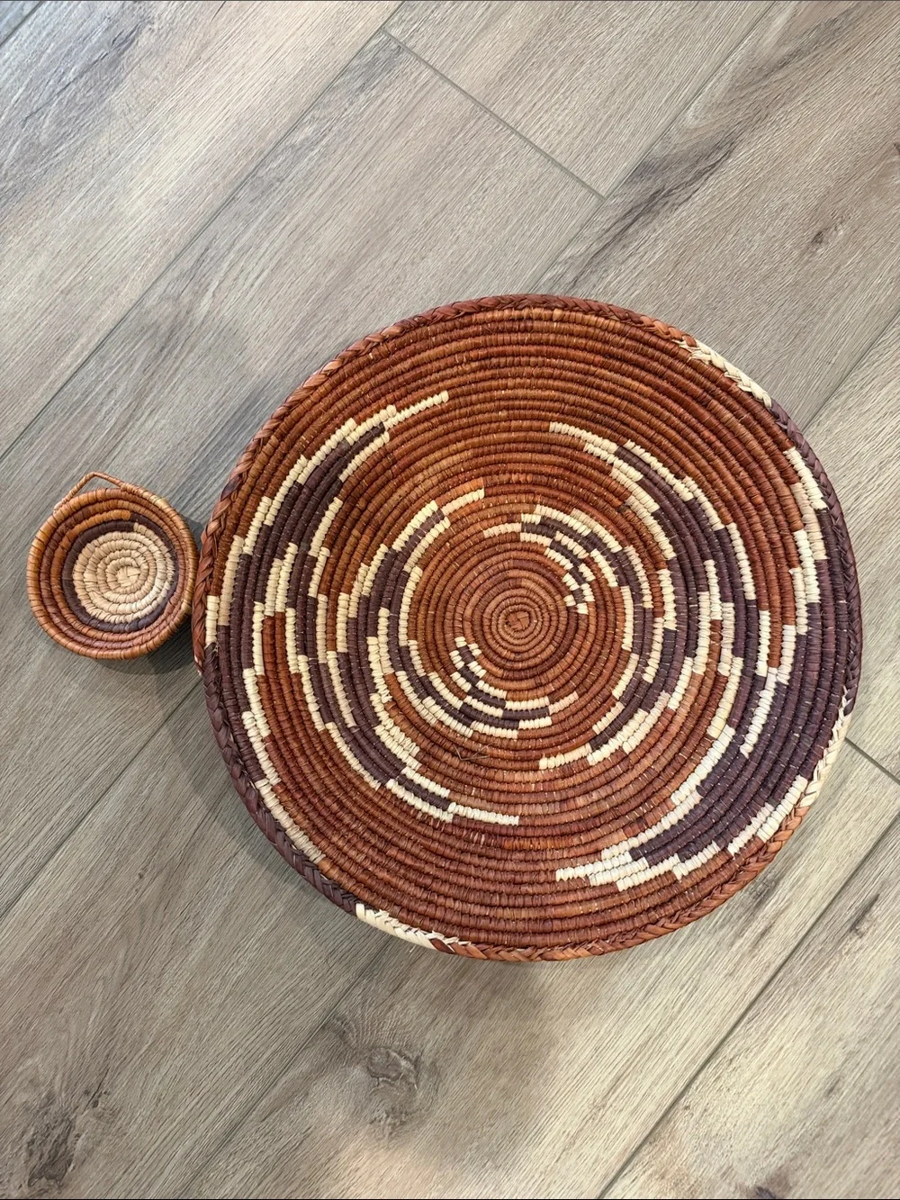 Handwoven Rustic Round Woven Basket - Brown & Cream Set if 2. Tight weave.